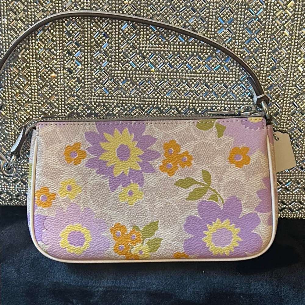 Coach Purple and Cream Shoulder Bag Wristlet Nolita with Floral Design